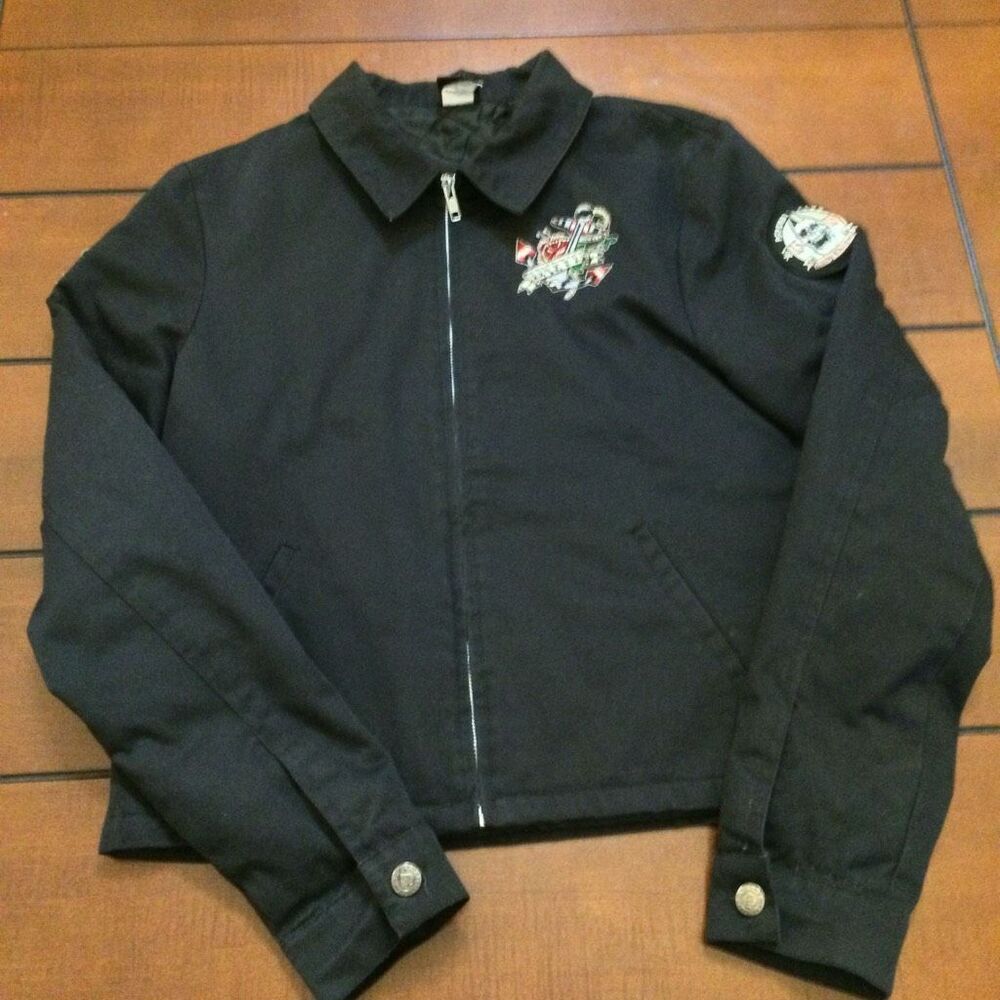 Men’s Lucky 13 biker jacket embroidered anchor rose tattoo medium